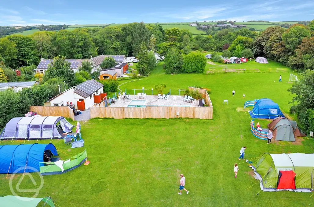 Aerial of the tent field and swimming pool