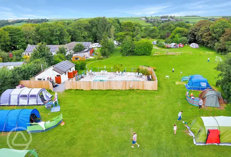 Aerial of the tent field and swimming pool