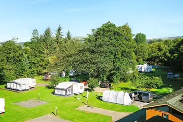Aerial of Riverbend Caravan Park with premium hardstanding and grass pitches