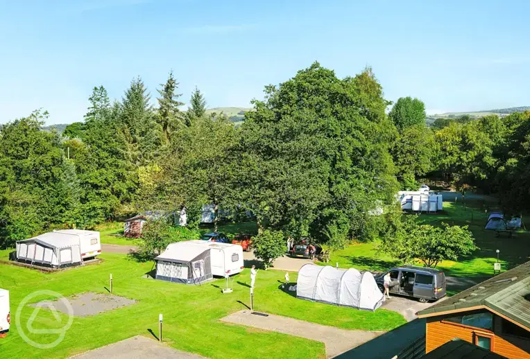 Aerial of Riverbend Caravan Park with premium hardstanding and grass pitches