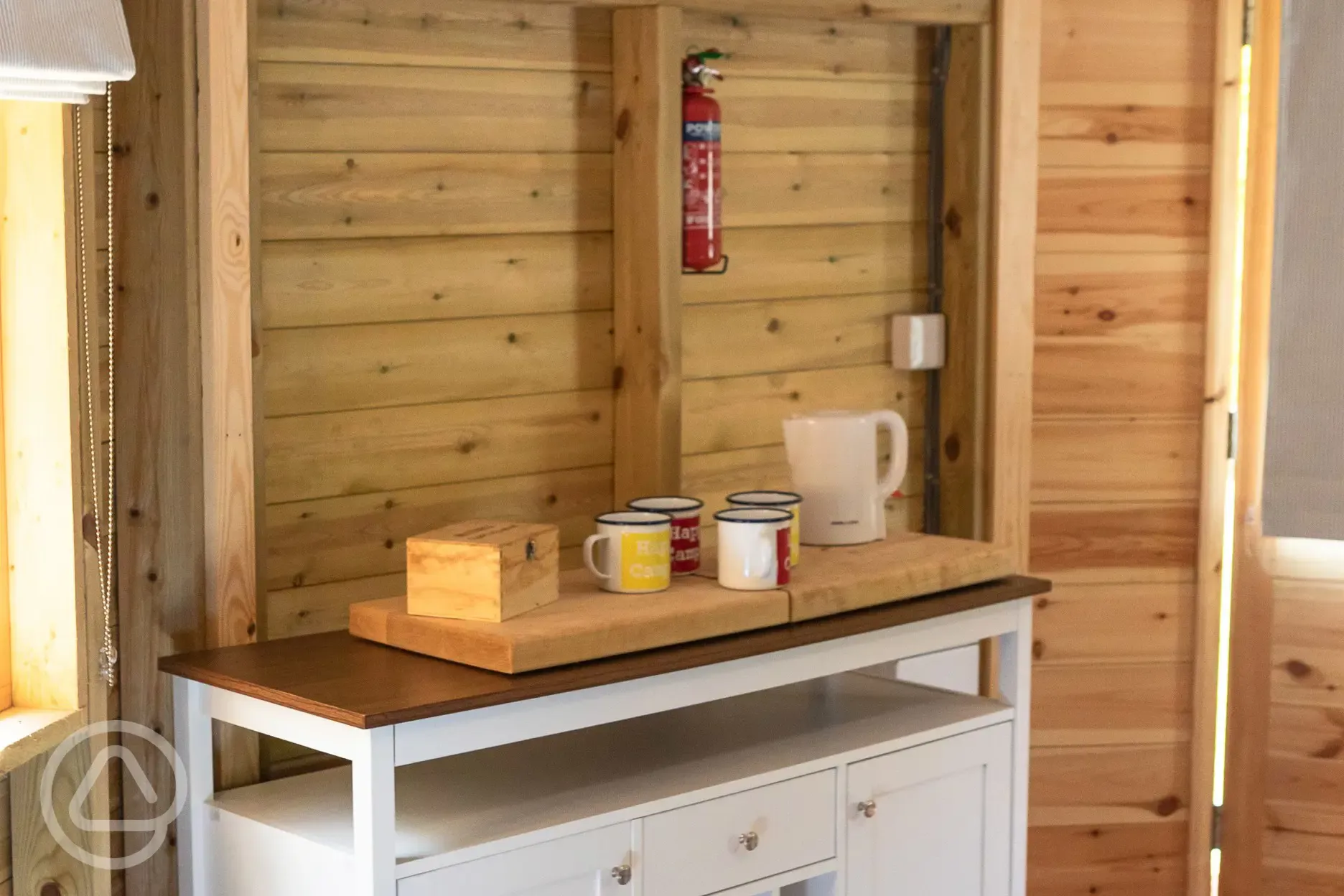 Glamping cabin tea and coffee making facilities