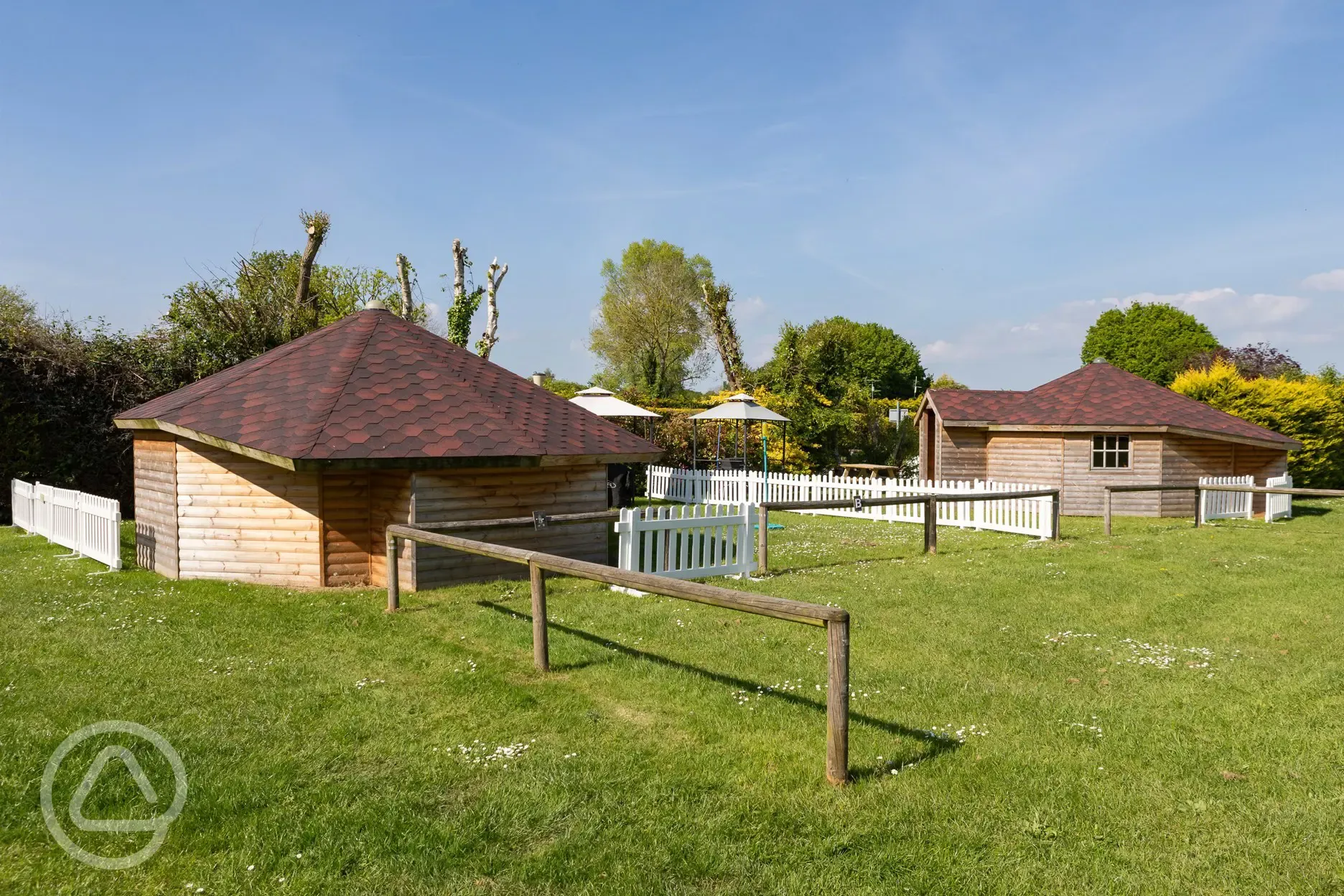 Glamping cabins in fenced area