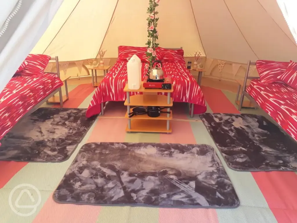 Bell tent interior Rother Valley Caravan Park