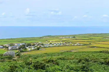 Aerial of Trevalgan Touring Park and the coast