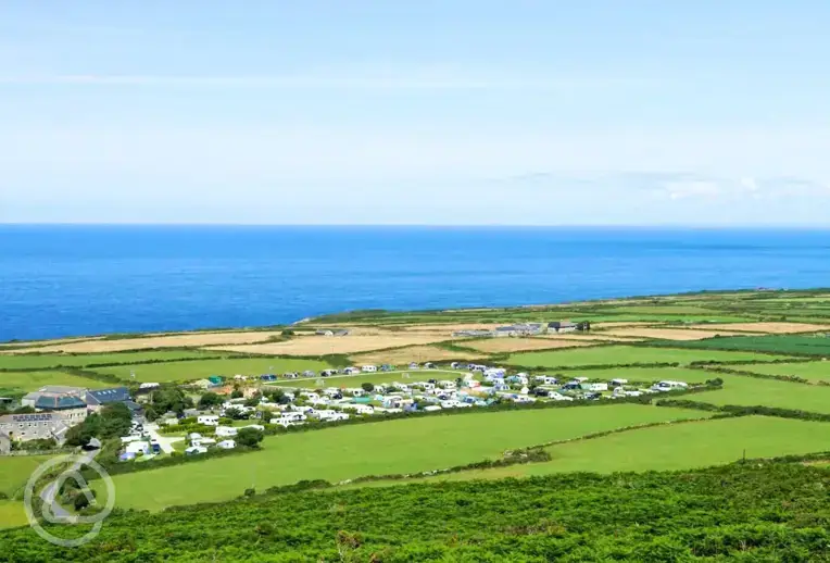 Aerial of Trevalgan Touring Park and the coast