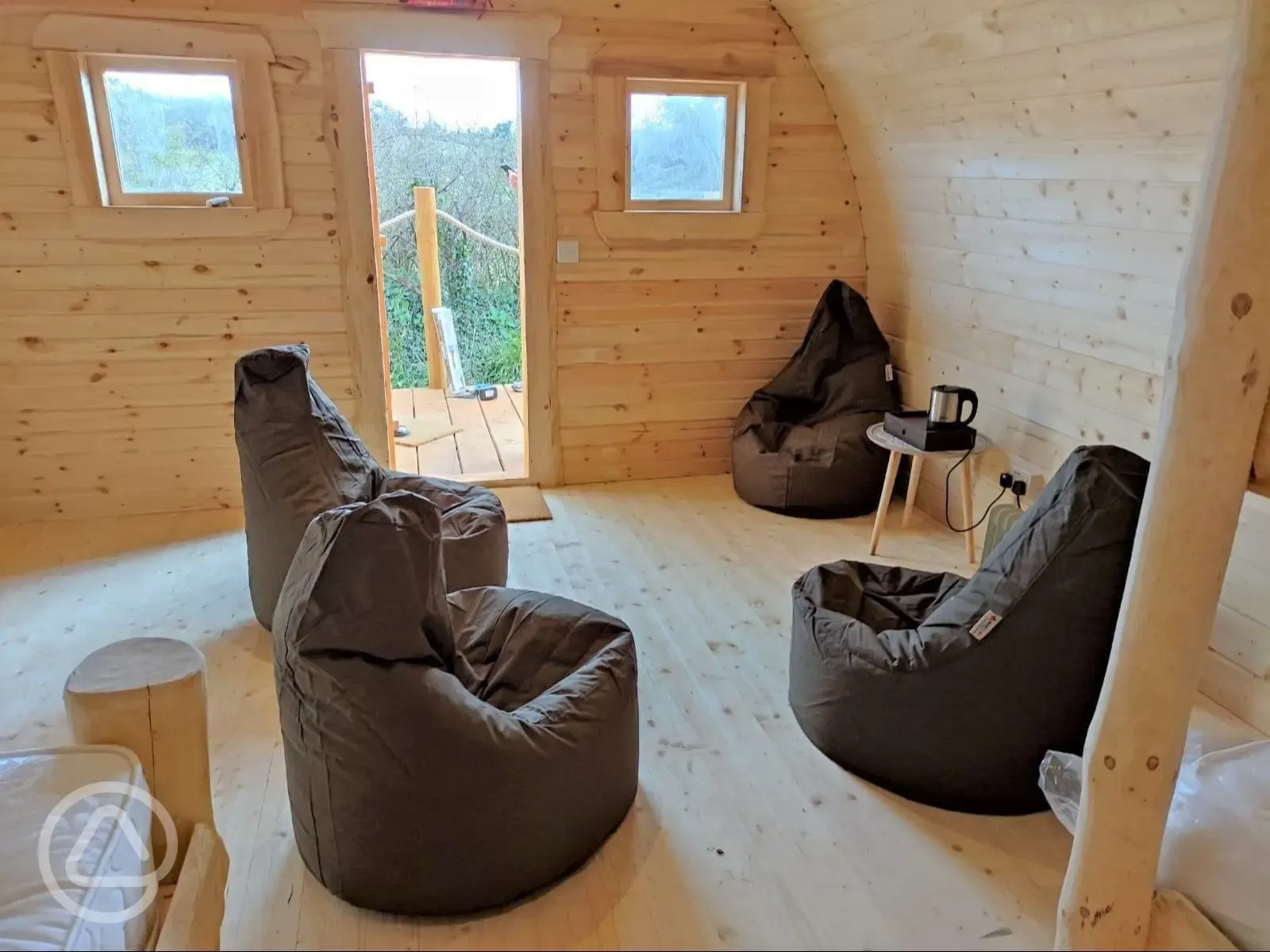 Family camping pod seating area