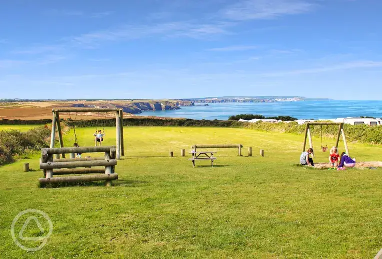 Grass pitches and play park in The Meadow