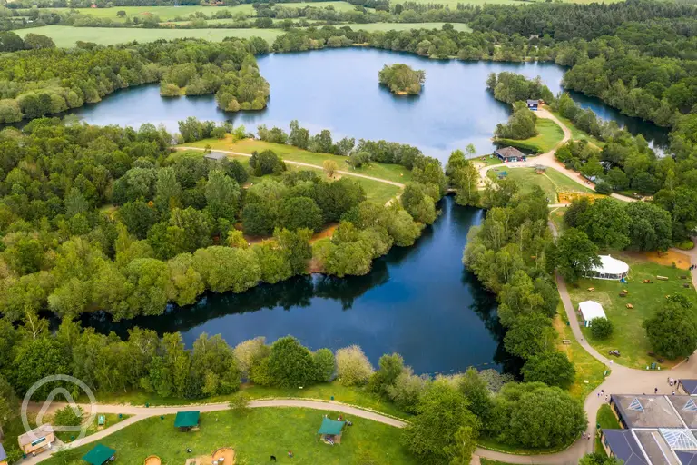 Aerial view of Wellington Country Park with wildlife lakes
