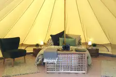 Bell tent interior with storage and electric