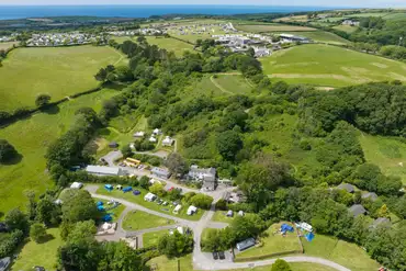 Aerial of Willow Valley Holiday Park with views towards Bude and the coast