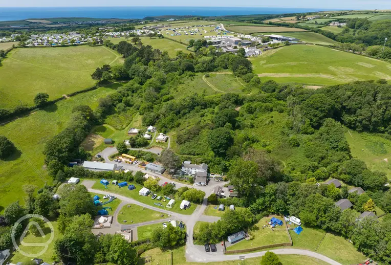 Aerial of Willow Valley Holiday Park with views towards Bude and the coast