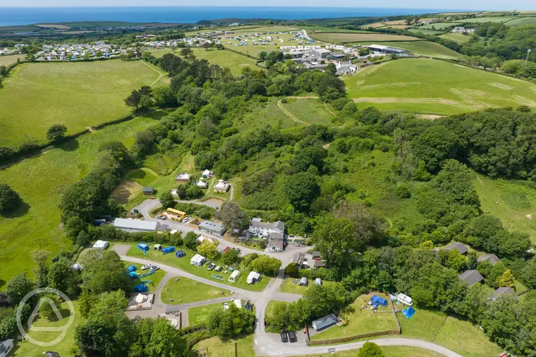 Aerial of Willow Valley Holiday Park with views towards Bude and the coast