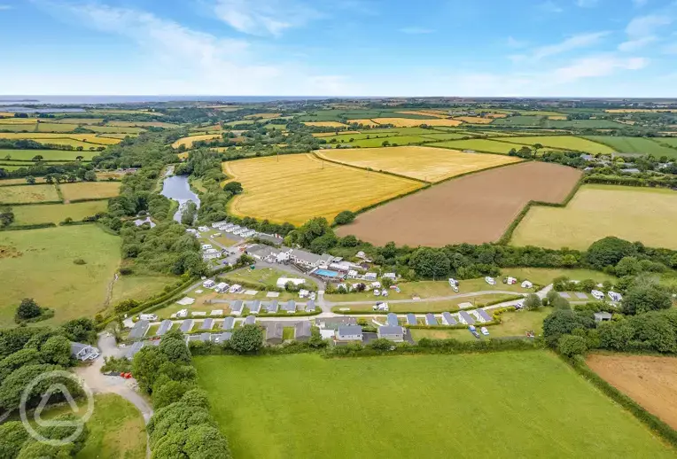 Aerial of the campsite with distant views of St. Ives Bay