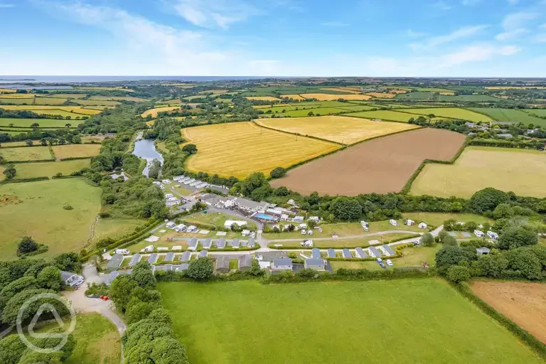 Aerial of the campsite with distant views of St. Ives Bay