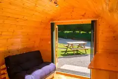Pod with a double bed and a fold-down futon for two children