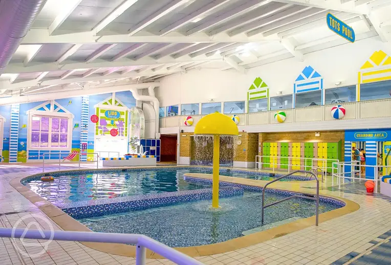Indoor swimming pool with a shallow area and water feature