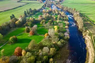 Aerial of the campsite, the River Ure and nearby countryside