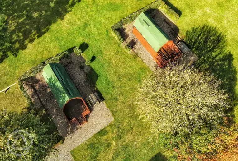 Aerial view of camping pods (dog friendly)