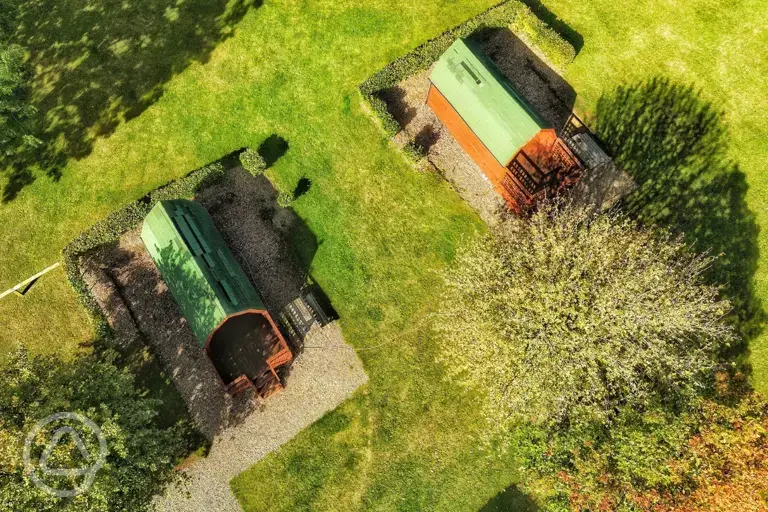 Aerial view of camping pods (dog friendly)