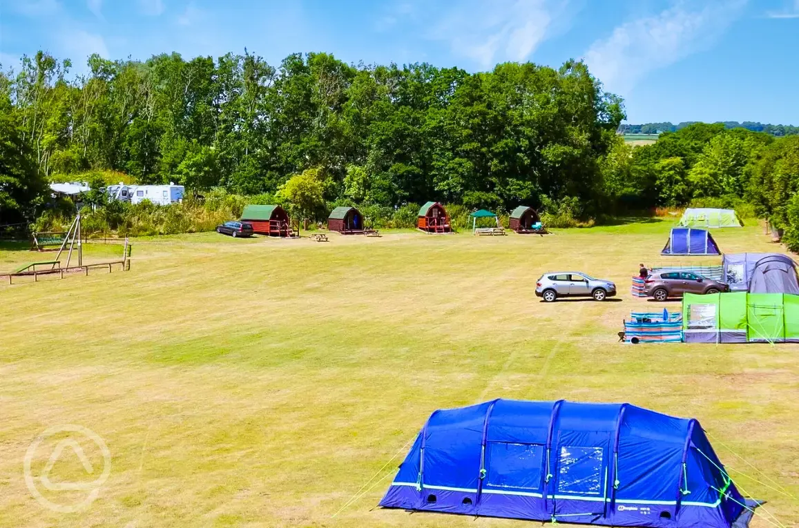 Grass pitches and camping pods