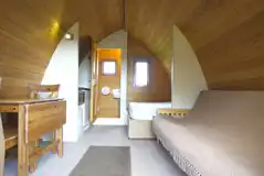Mega glamping pod with a double bed, sofa bed, kitchenette and ensuite