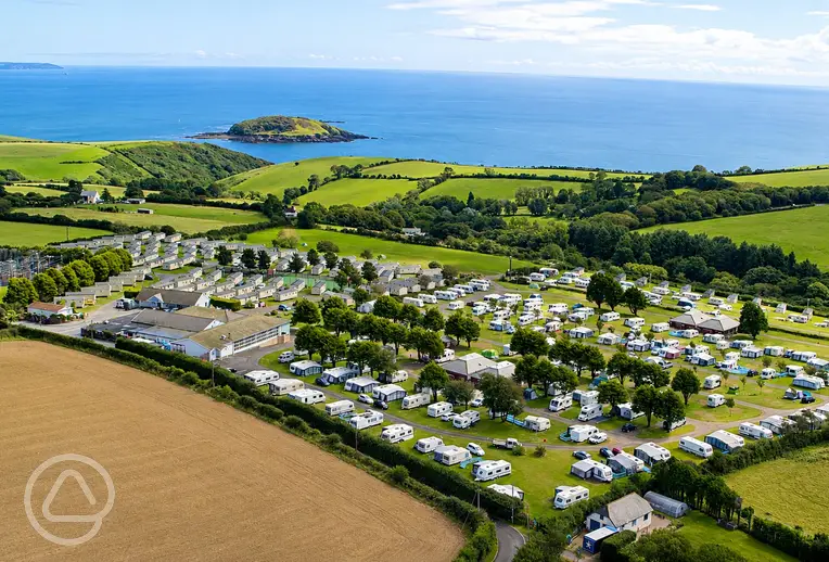 Aerial of Tencreek Holiday Park with views towards Talland Bay