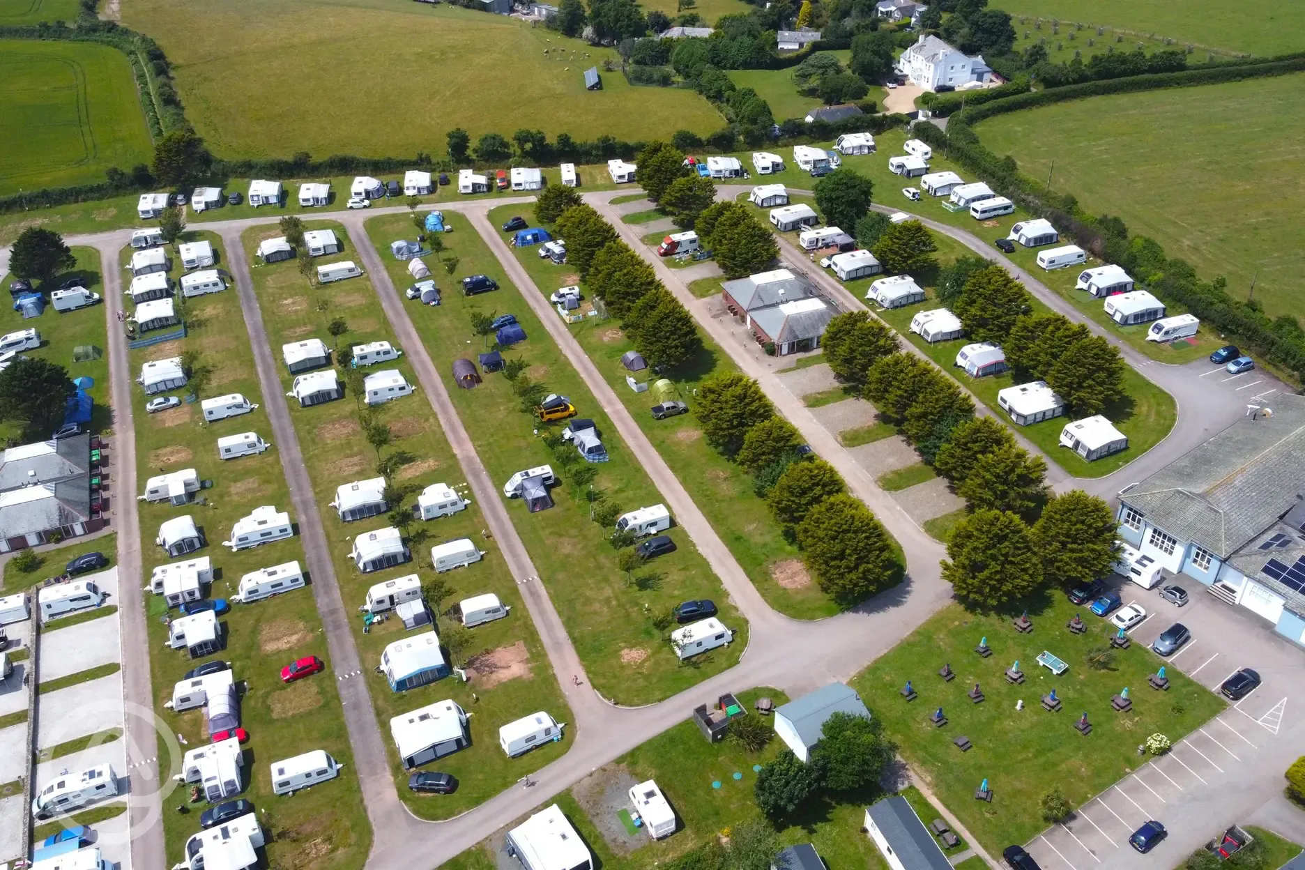 Aerial of Tencreek Holiday Park showing the touring pitches