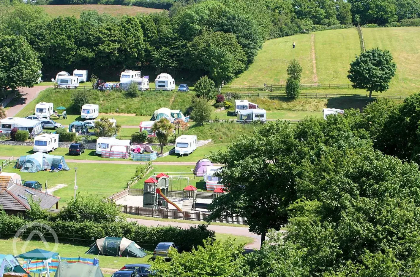 Aerial of Lady's Mile Holiday Park pitches and play park