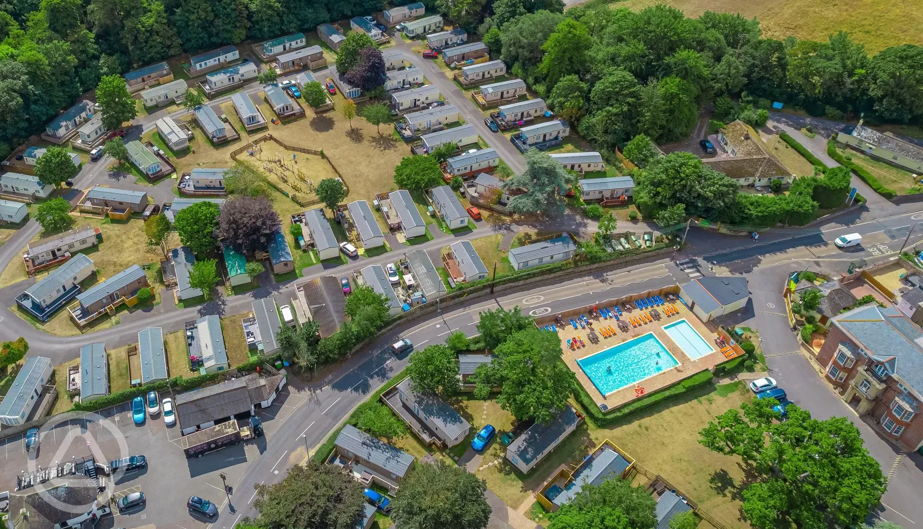 Aerial of the lodges and static caravans at Lady's Mile Holiday Park