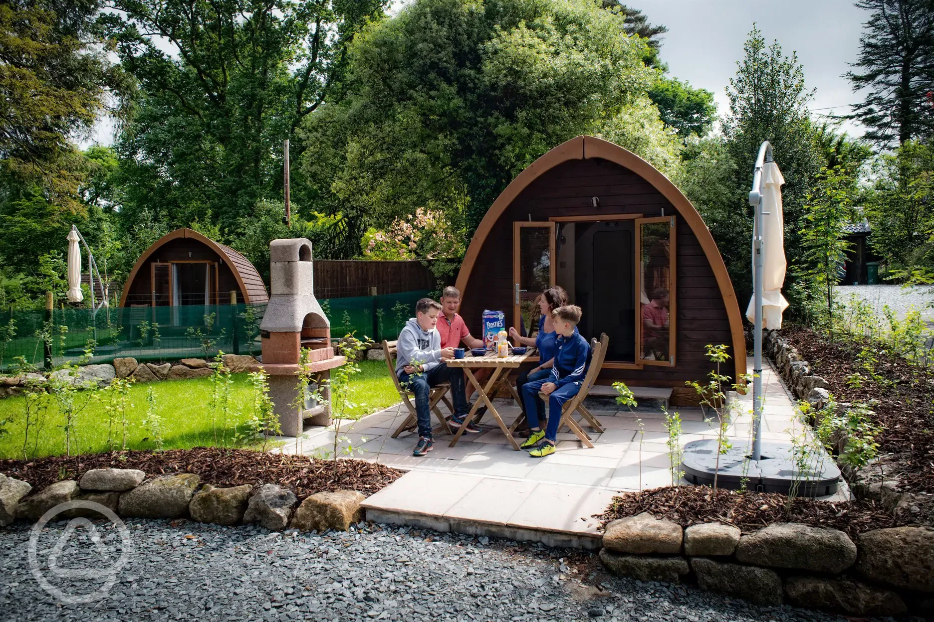 Outside a mega pod with patio and BBQ