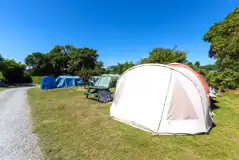 Tents on grass pitches measuring 6m x 6m beside a picnic table