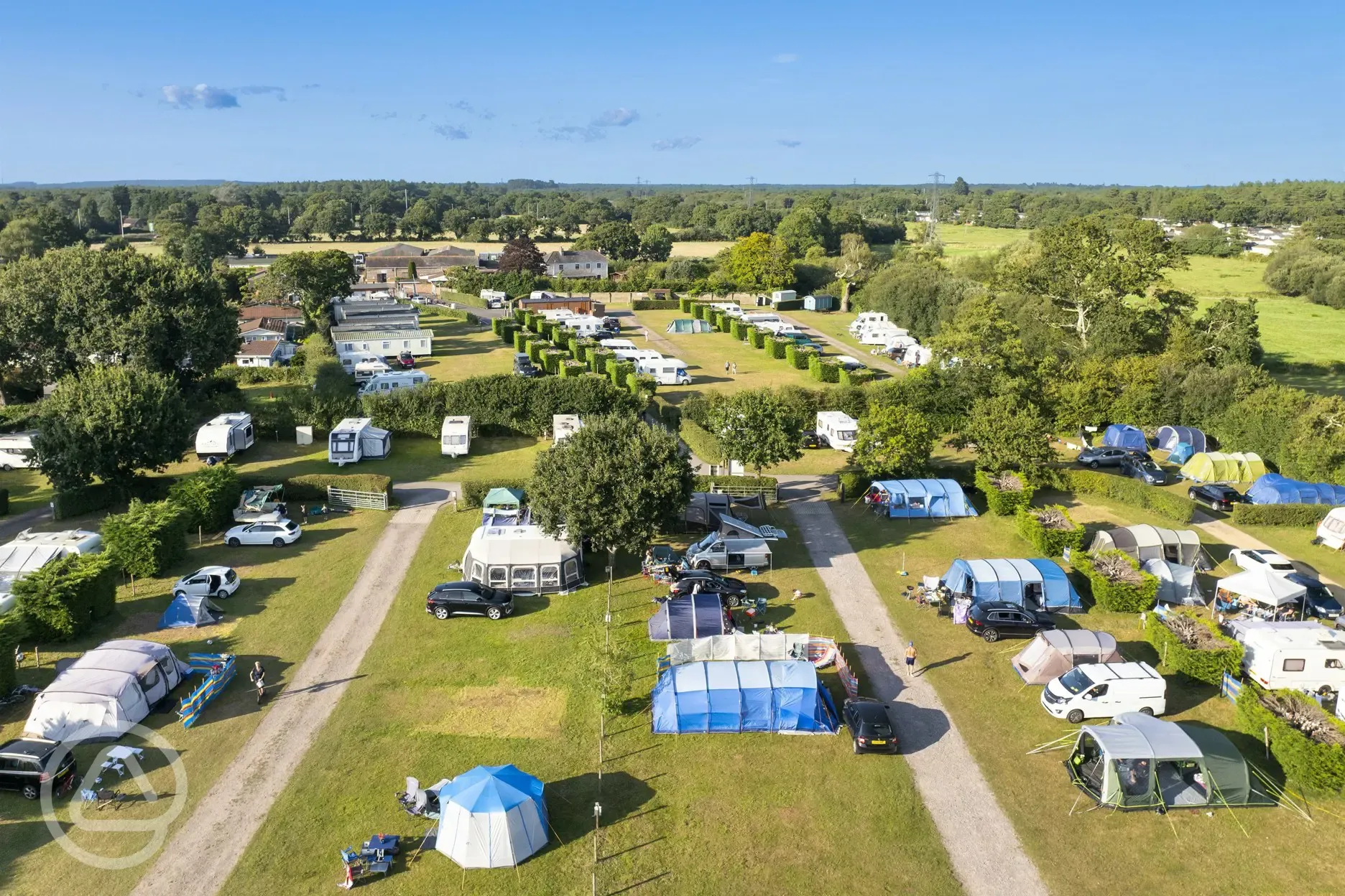 Aerial of the grass pitches at St Leonards Farm Caravan and Camping Park