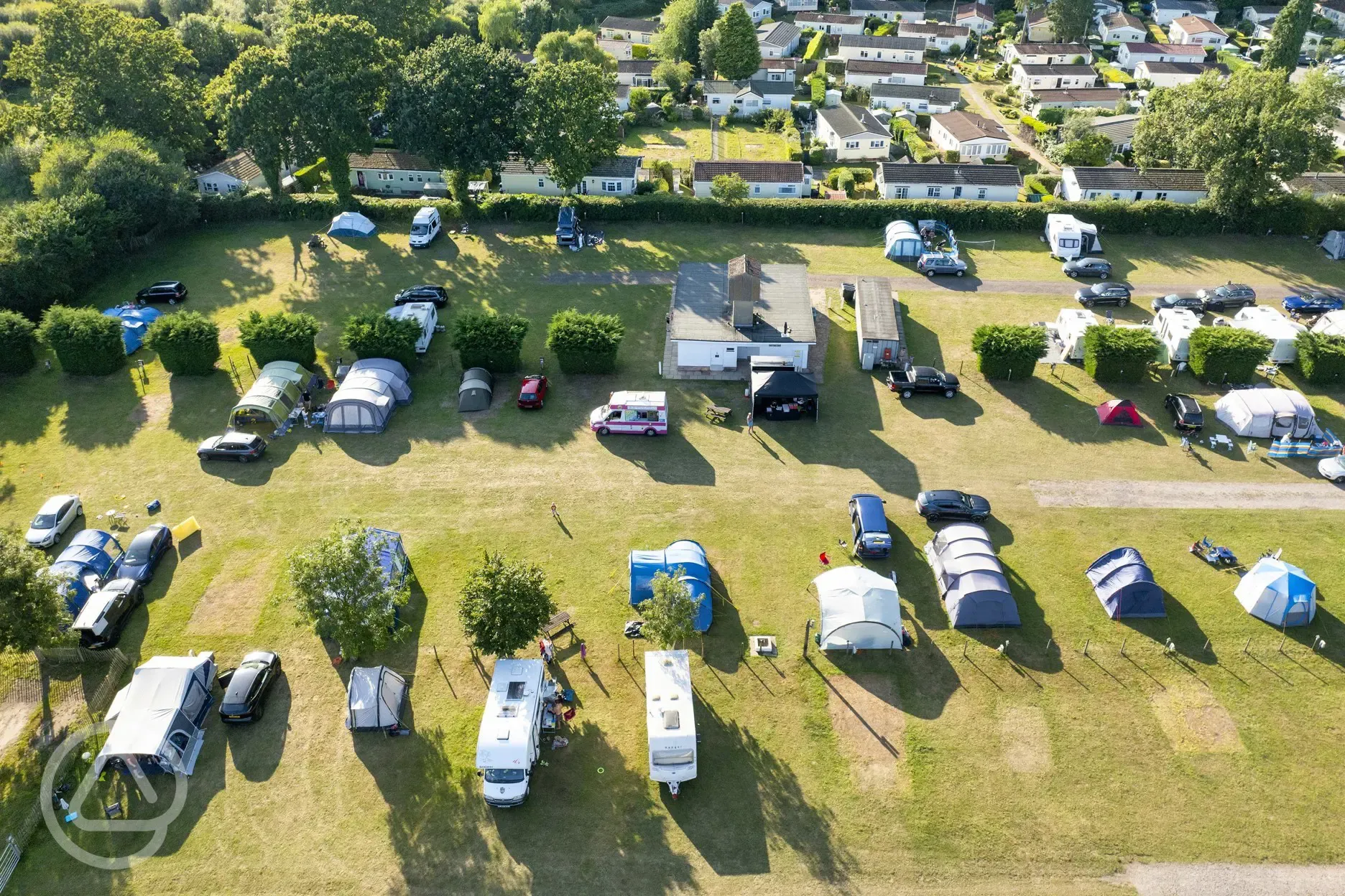 Aerial of the grass pitches at St Leonards Farm Caravan and Camping Park