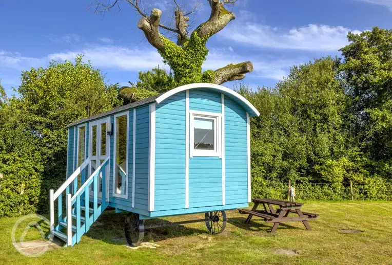 Blue shepherd's hut, sleeping two with a double bed, kitchen and electricity