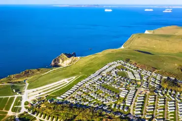 Aerial of Durdle Door Holiday Park on the Jurassic Coast with sea views