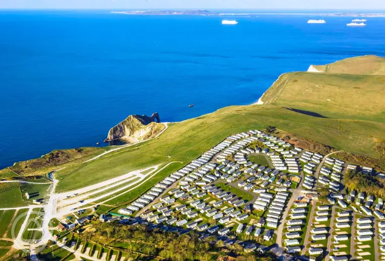 Aerial of Durdle Door Holiday Park on the Jurassic Coast with sea views