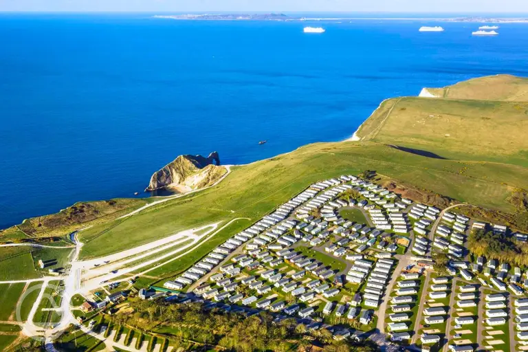 Aerial of Durdle Door Holiday Park on the Jurassic Coast with sea views