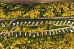 Bird's eye view of the Abbeyfield pitches with hedges between for privacy