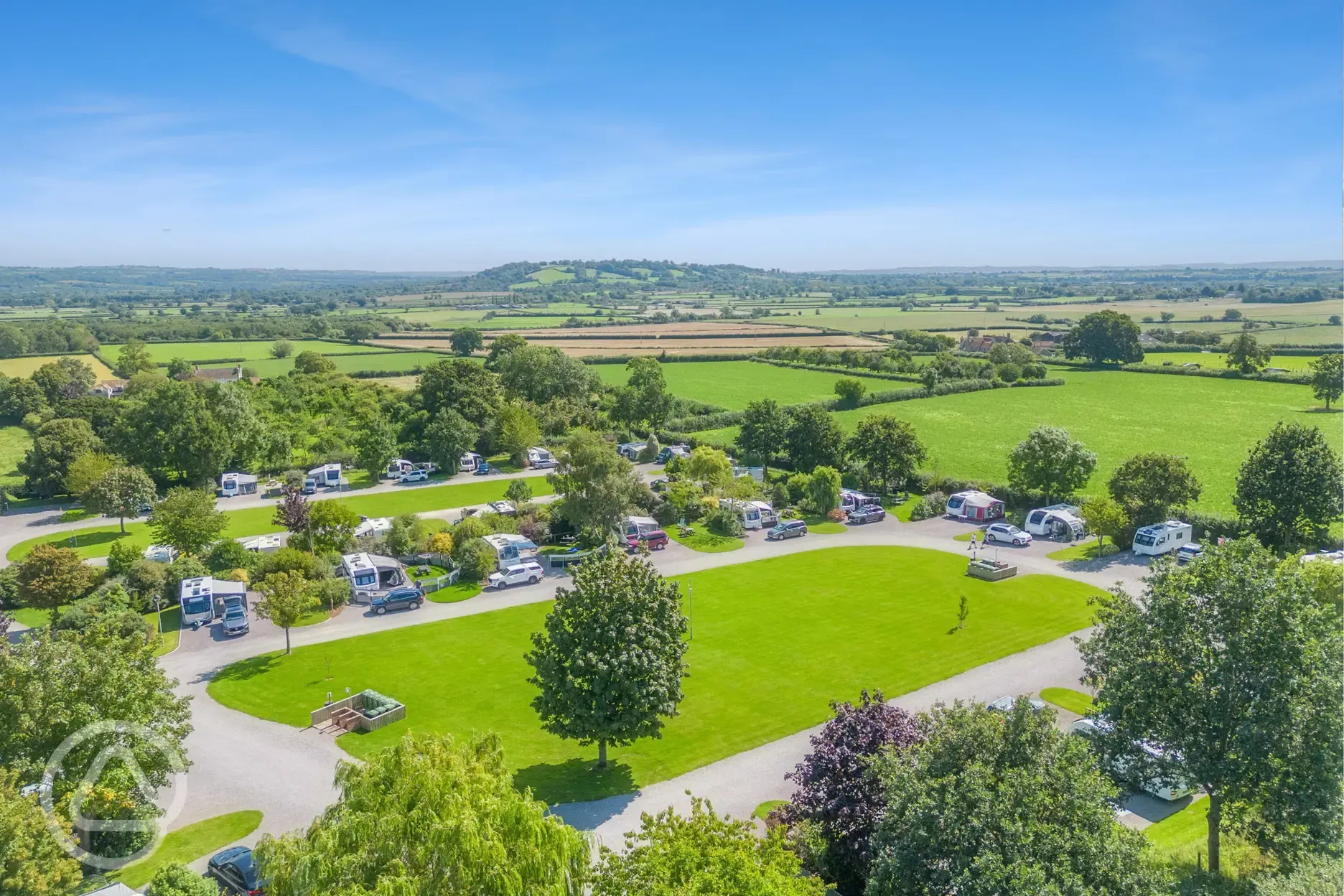 Aerial of the campsite, surrounded by countryside Aerial of the campsite, surrounded by countryside