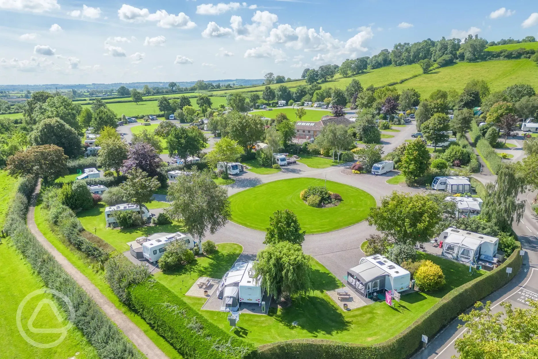 Aerial view of the super pitches at Old Oaks Touring Park