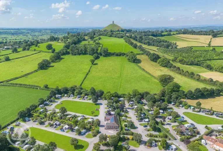 Aerial of the campsite near Glastonbury Tor