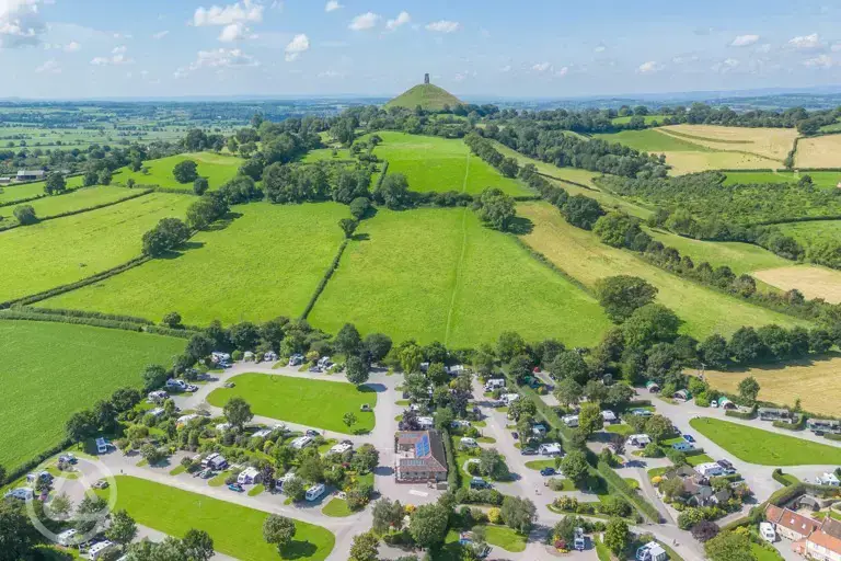 Aerial of the campsite near Glastonbury Tor