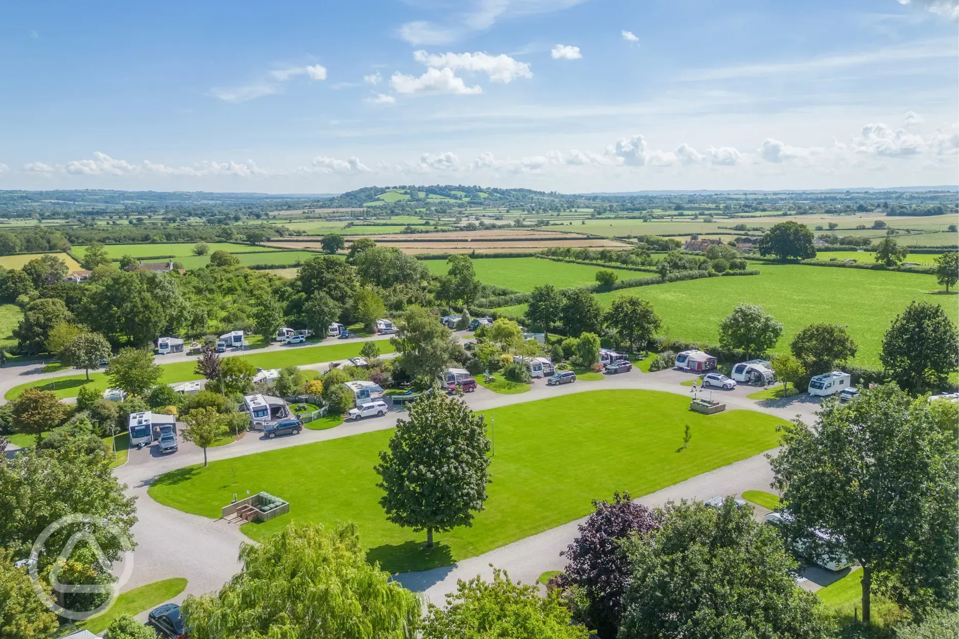 Aerial of the campsite, surrounded by countryside