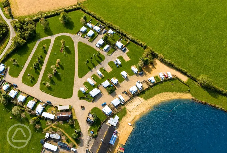 Bird's eye view of pitches at Bosworth Lakeside Lodges and lakes