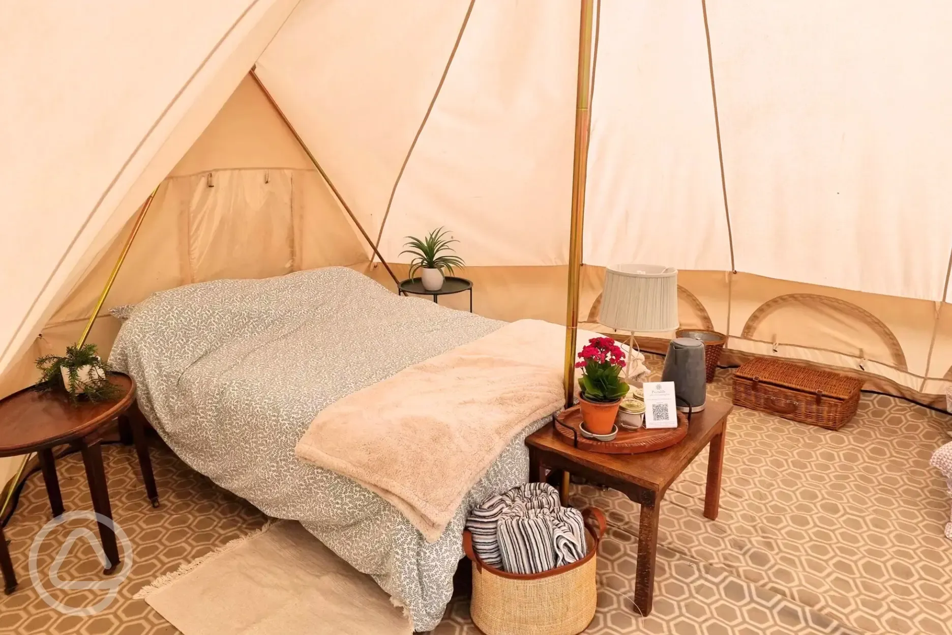 Large furnished bell tent double bed with bedding provided