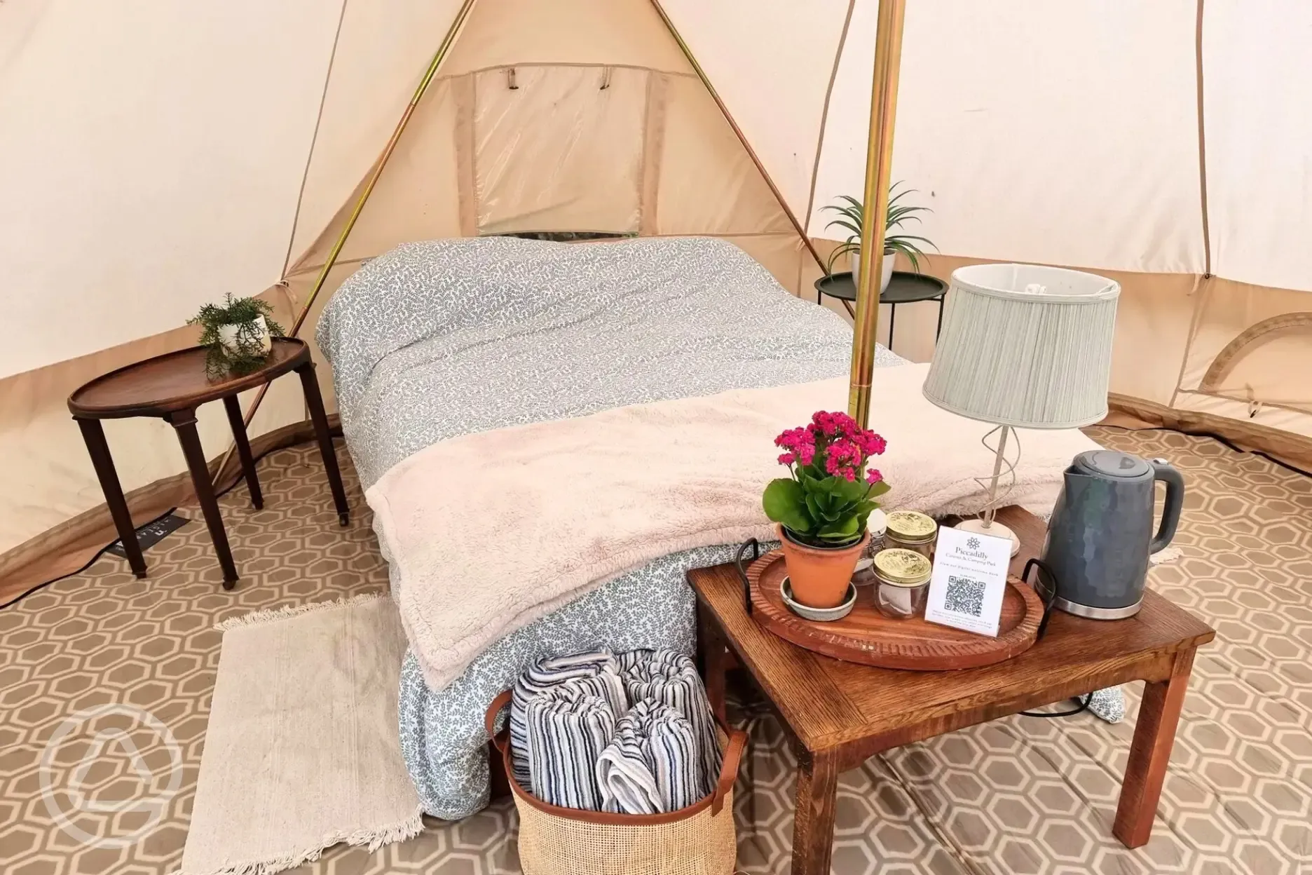 Large furnished bell tent double bed with bedding provided