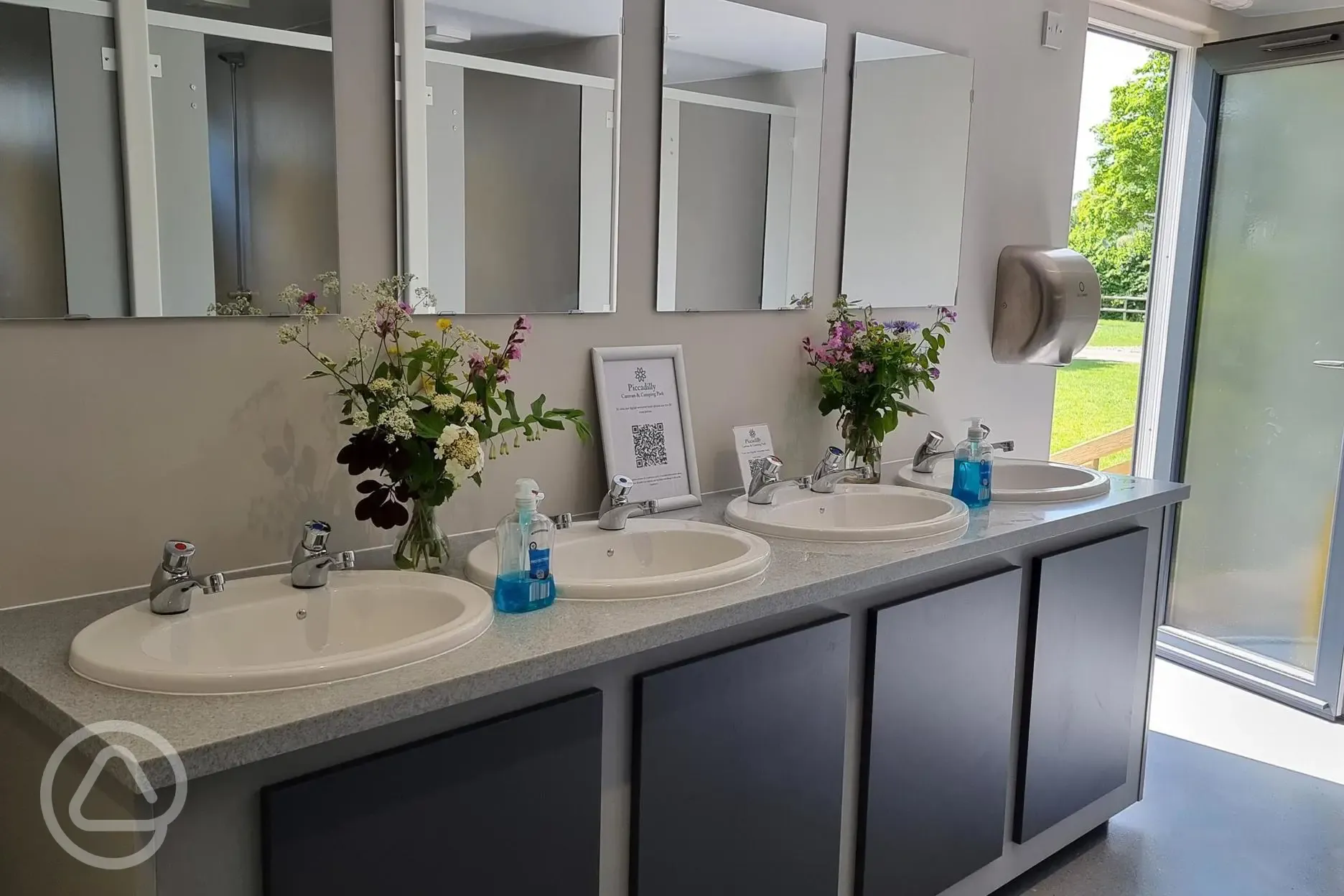 Hand basins with soap and hand dryers