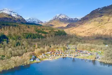 Aerial of the park, mountains, and Loch Lomond