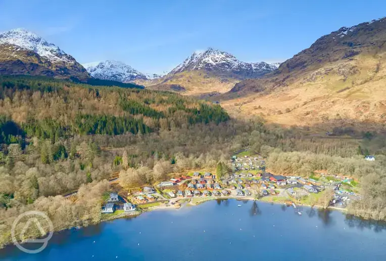 Aerial of the park, mountains, and Loch Lomond