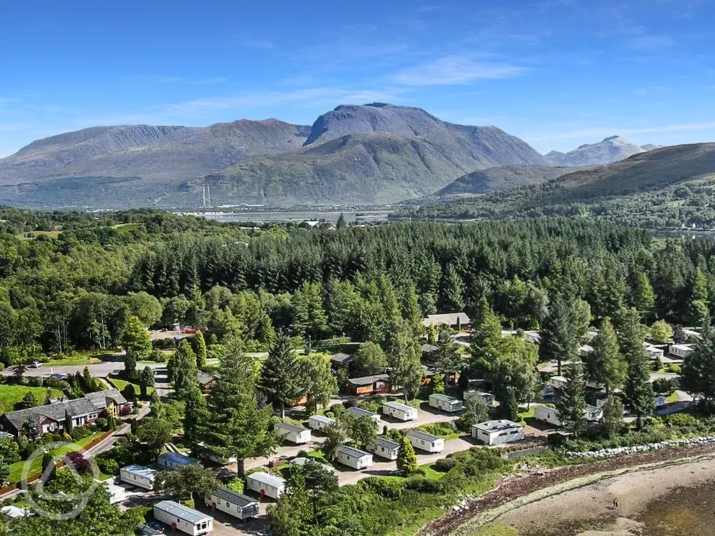 Aerial view of Linnhe Lochside Holidays and Ben Nevis